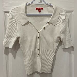 Beautiful Guess White Button Down Ribbed Short Sleeve Collared Knit Size Medium